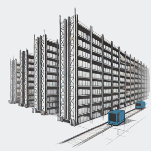 Illustration of an automated storage system with tall racks and robotic shuttles on tracks, representing automated storage solutions.