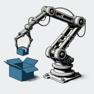 Illustration of a robotic arm placing a box into a larger container, representing automated picking solutions.