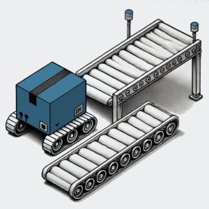 Two conveyor types and an autonomous shuttle transporting a carton.