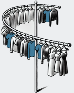 Hanging conveyor with garments and pockets having clothes hanging on them and being transported.