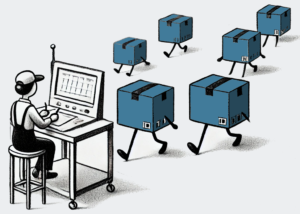 Cartons with legs walking towards goods-to-person operator in the warehouse for picking.