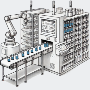 Automated Mail Order and Central Fill Pharmacy inducting blue vials.