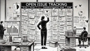 Manager tracking open issues using a Kanban board, with columns for tasks in progress, completed, and pending, ensuring transparency and accountability in the project management process.