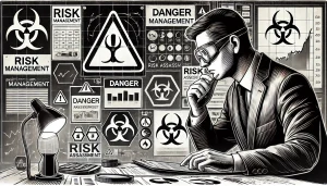 Consultant analyzing a dangerous situation illustrating him performing risk management, reviewing timelines and solutions to identify potential challenges, and implementing proactive measures to mitigate disruptions